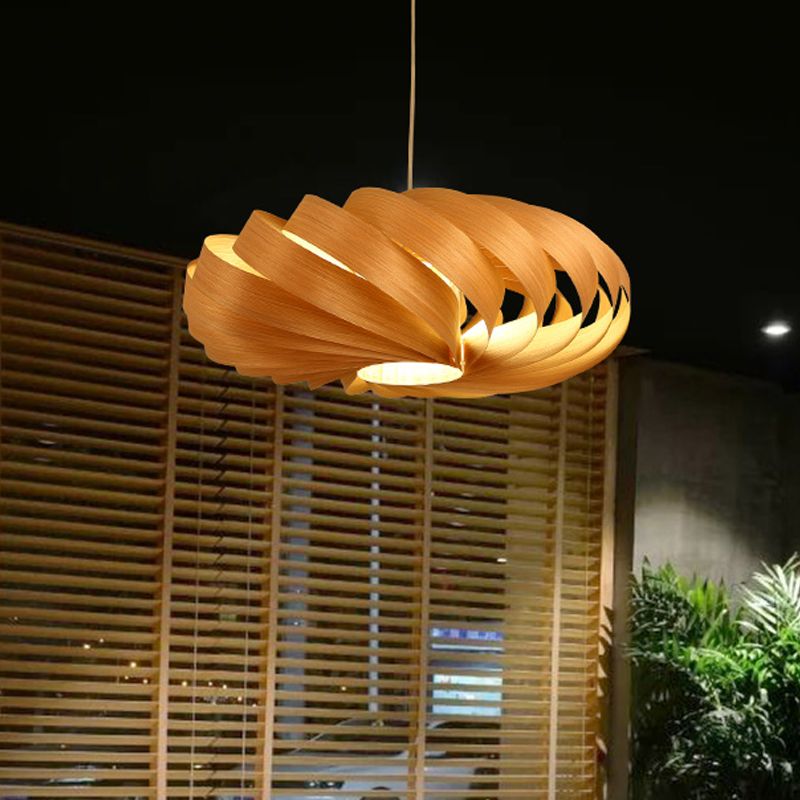 Asian 1 Head Hanging Pendant Light Wood Beige Twisted Lantern Ceiling Lamp over Dining Table