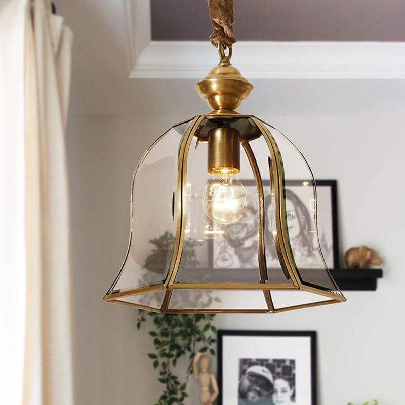 1 Head Bell Hanging Lighting Traditional Brass Clear Glass Ceiling Pendant Lamp for Dining Room