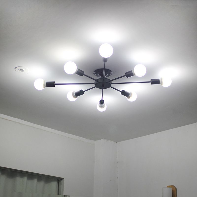 Lámpara de techo negra de 8 luces, estilo industrial retro, hierro Sputnik, montaje semiempotrado para sala de estar