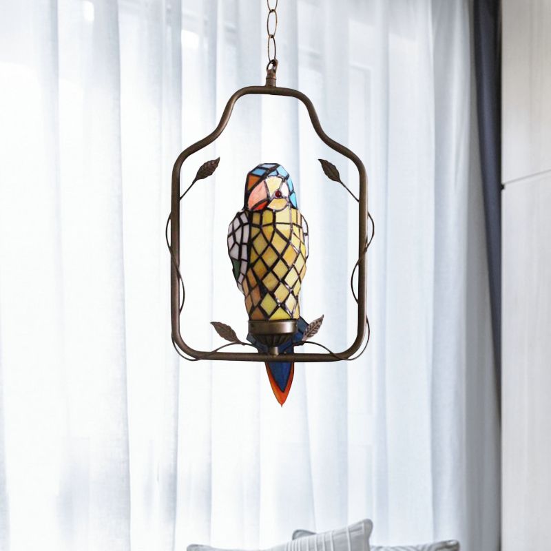 Yellow 1 Head Sconce Light Tiffany Style Hand Cut Glass Parrot Shaped Wall Lighting Ideas with Perch Swing