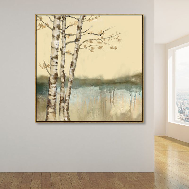 Soft Color Riverside Tree Canvas Art Landscape Country Textured Painting for Bedroom