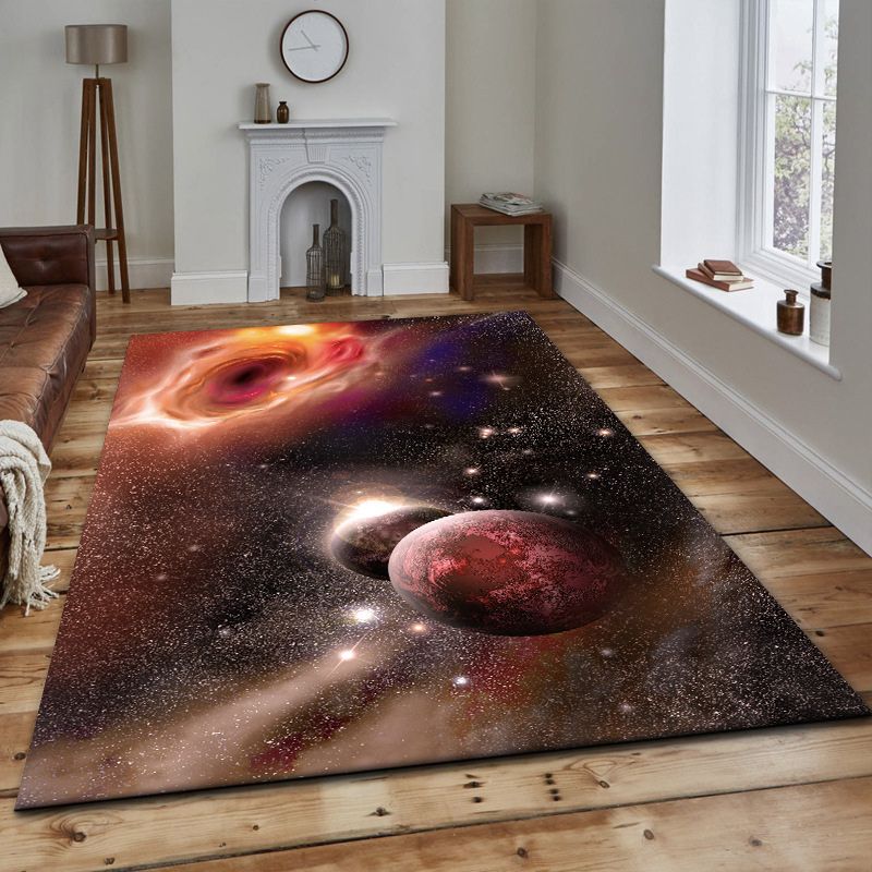 Contemporary Modern Rug in Orange and Black Outer Space Planet Pattern Rug Polyester Washable Carpet for Home Decoration