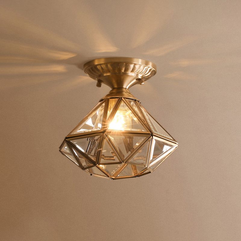 Plafonnier de chambre à coucher diamant/étoile encastré traditionnel en verre transparent à 1 lumière en laiton