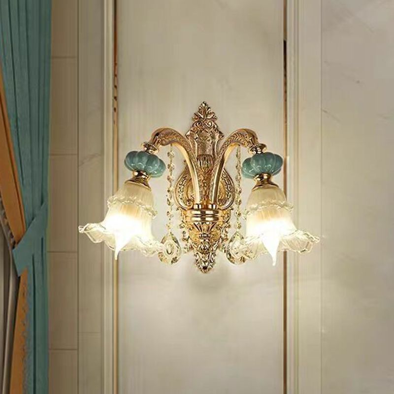 Bloemen glazen wandverlichting armatuur traditionele 2-lichte gang wandmontage lamp in goud