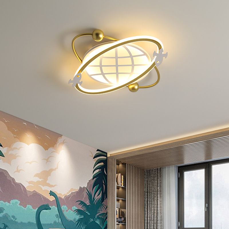 Childrens Orbit Flush Mount Ceiling Light Metal Bedroom LED Flush Light with Rocket Detail