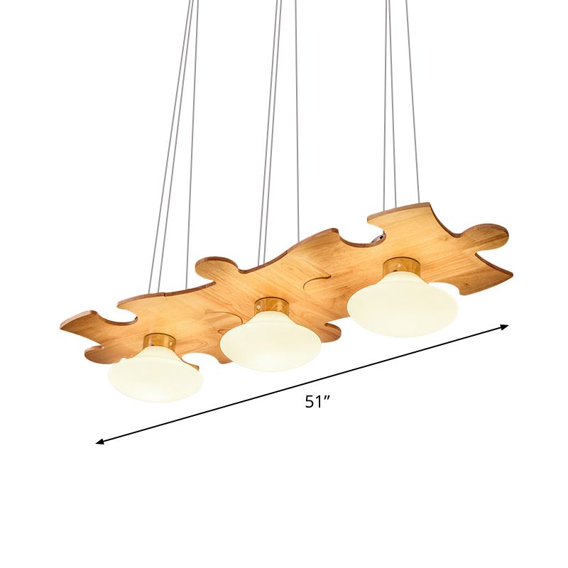 Cream Glass Jellyfish Multi Light Pendant Modernist 3-Light Suspension Lamp with Jigsaw Puzzle Wood Beam