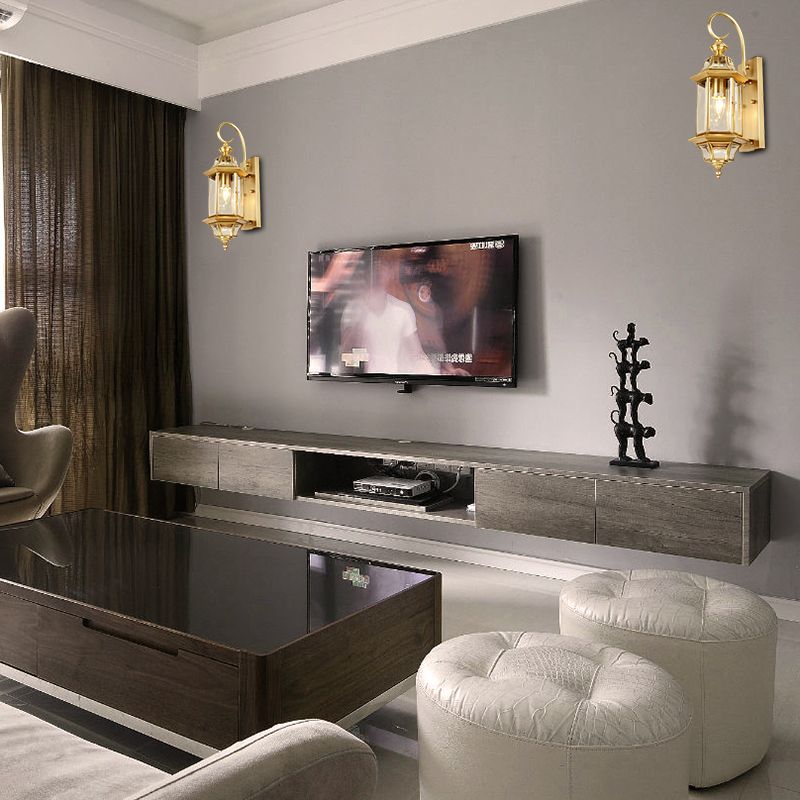 Lampada da parete del soggiorno lanterna tradizionale in metallo 1 testa a parete oro montato con tonalità in vetro trasparente