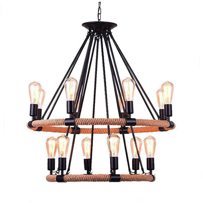Multi Lights Circle Hemp Rope Chandelier Light Retro Industrial Style Hanging Lighting Fixture for Restaurant Bar