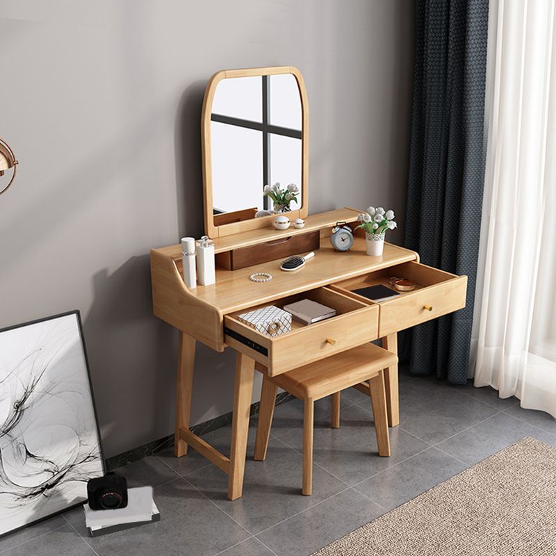 Scandinavian Mirrored Vanity Table and Stool Set with 2 Drawers
