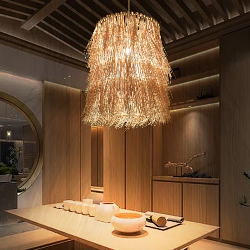 Tassel Pendant Lighting Asian Inspired Rattan 1 Bulb Dining Room Hanging Lamp in Beige