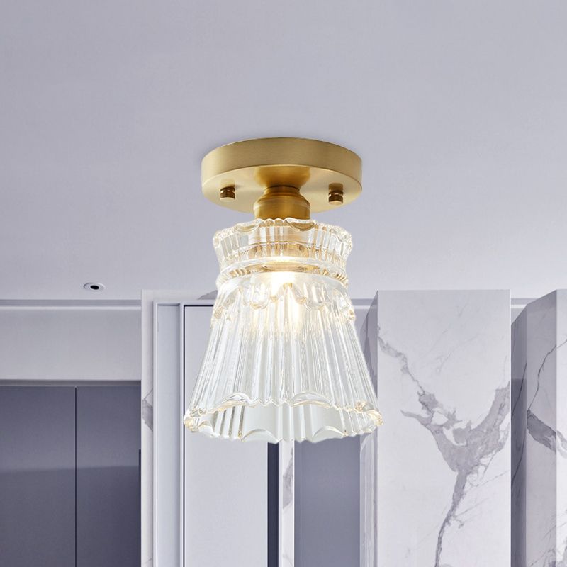 Single Bulb Semi Flush Mount Industrial Cone Clear Textured Glass Ceiling Light in Brass for Living Room