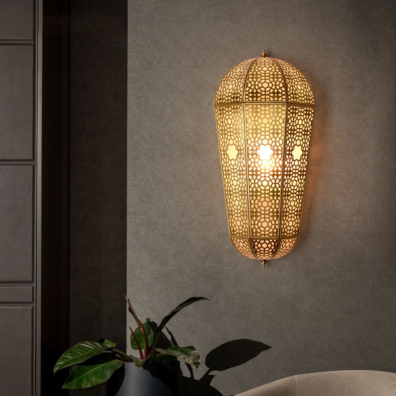 Metallic Brass Lantern Sconce Balloon Shaped Hollowed out 1-Head Turkish Wall Mount Lamp