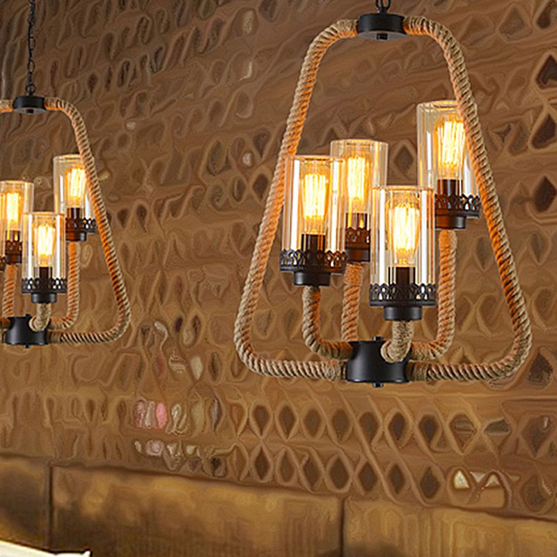 Beige 4 Lights Pendant Chandelier Traditional Rope and Glass Cylinder Hanging Light