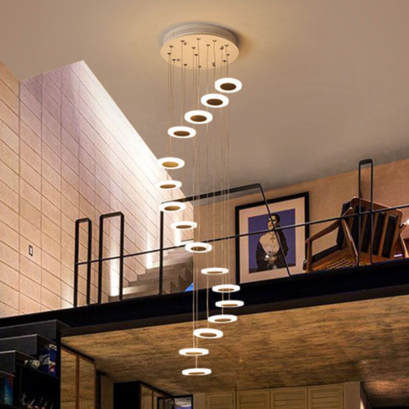 Spiral Disc Multi Ceiling Lamp Contemporary Staircase Suspension Light Fixture in White