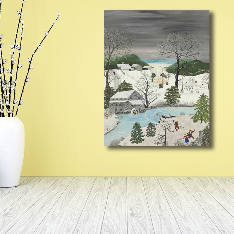 Children in the Snow Painting White Vintage Wall Art Decor for Bedroom (Multiple Size Options)