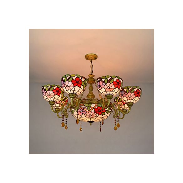 Stained Glass Scalloped Shade Suspension Light Rustic 9 Lights Inverted Chandelier with Flower Pattern for Bedroom