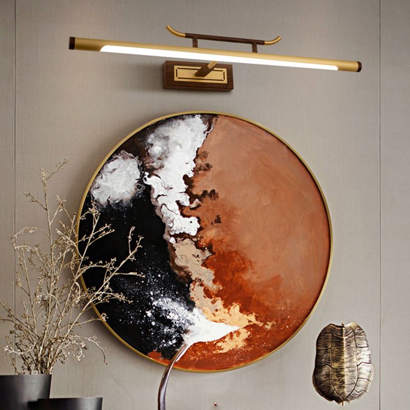 Brass Straight Mirror Light Chinese Style Single Light Wall Lamp for Bathroom
