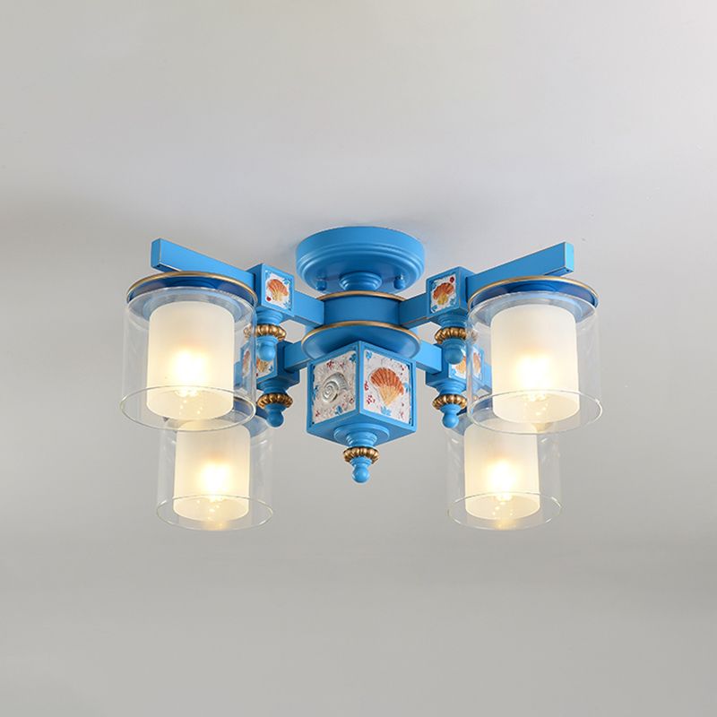 4 Heads Playroom Semi Flush Chandelier Coastal Blue Ceiling Lamp with Dual Cylinder Clear and Opaline Glass Shade