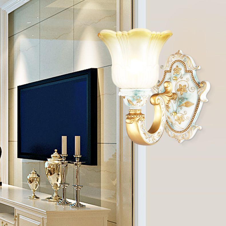 Gold Single Light Wall Lamp Rural Style Opaline Glass Floral Wall Mounted Lighting with Curvy Arm