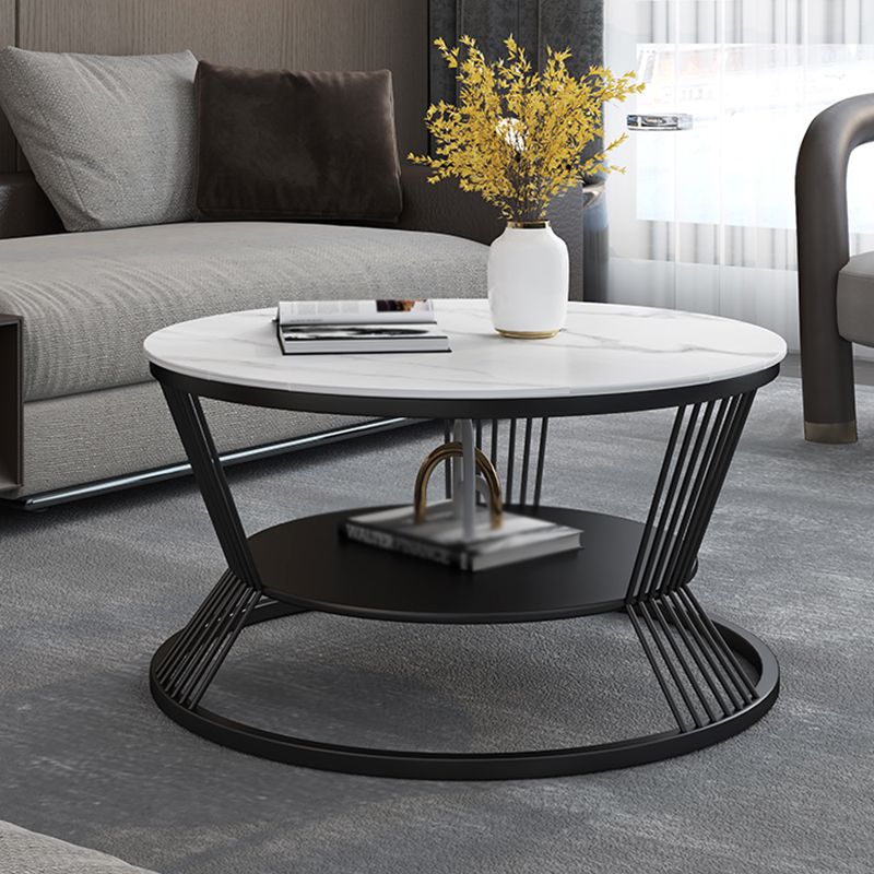 Modern Slate Frame Coffee Table Open Shelf Round Cocktail Table in Black/White