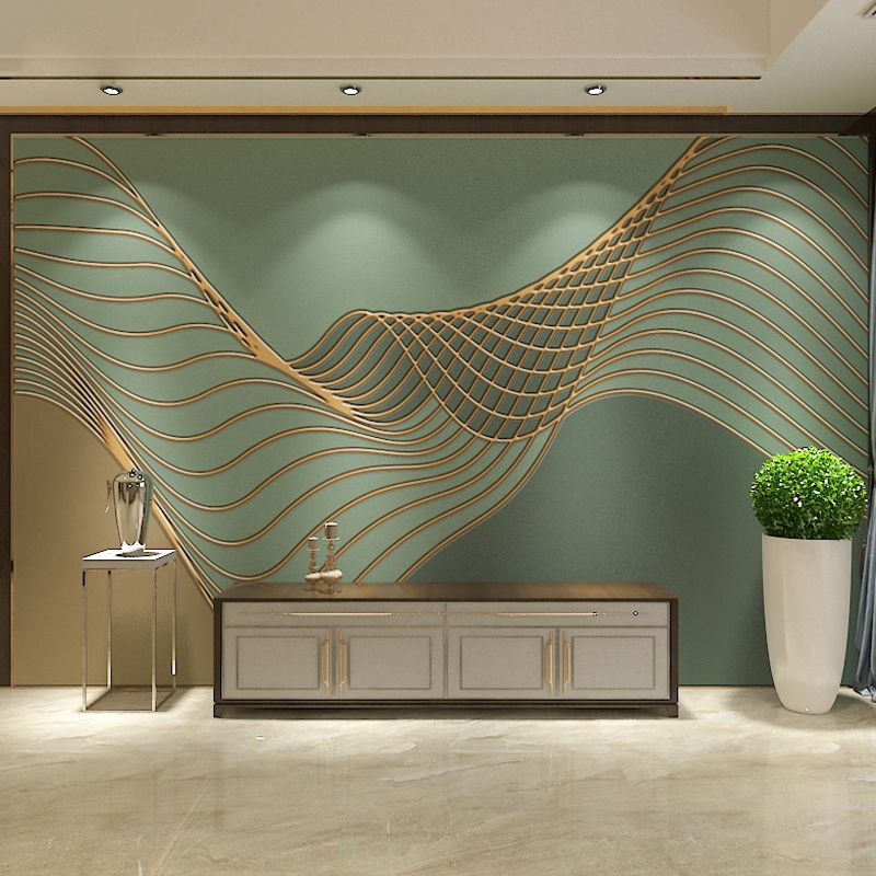 Modern Green Mural Wallpaper with 3D Print Swirled Line Design for Living Room, Non-Woven Material