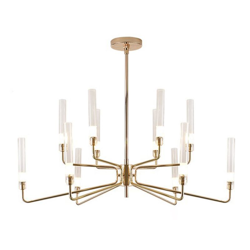Gold Metal Pendant Light Mid-Century Cylindrical Clear Glass Shade Chandelier Lighting for Living Room