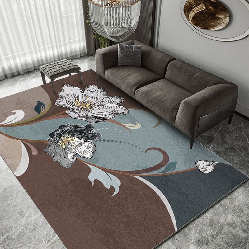 Dark Colored Modern Rug Plants Pattern Area Carpet Polyester Stain Resistant Rug for Living Room