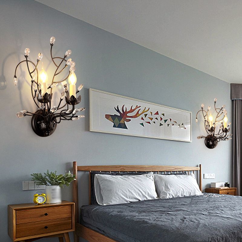 Idee di illuminazione da parete di candele classiche 2 teste lampada montata a parete metallica in nero con accento di cristallo