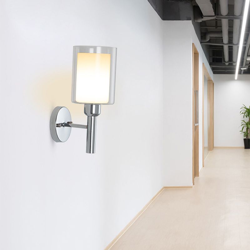Minimalism Wall Sconce Cylinder-Shade Wall Light Fixture with Glass for Bedroom