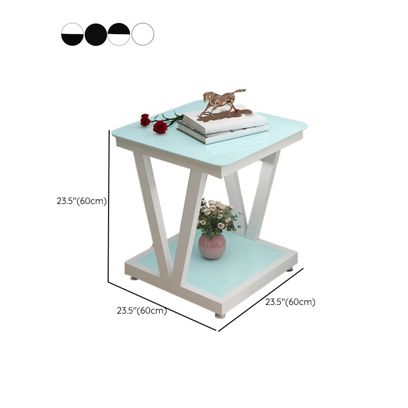 Modern 23.22" Tall Square Glass Top Side Table Steel Trestle Base End Table with Shelf