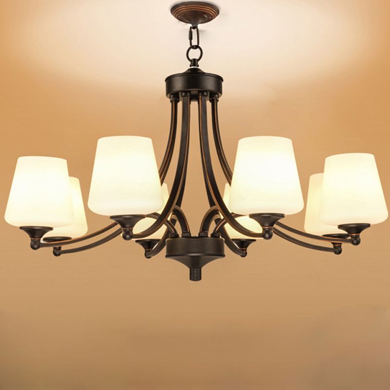 Conical Up Chandelier Rustic Gold-Black Ivory Glass Hanging Light for Living Room