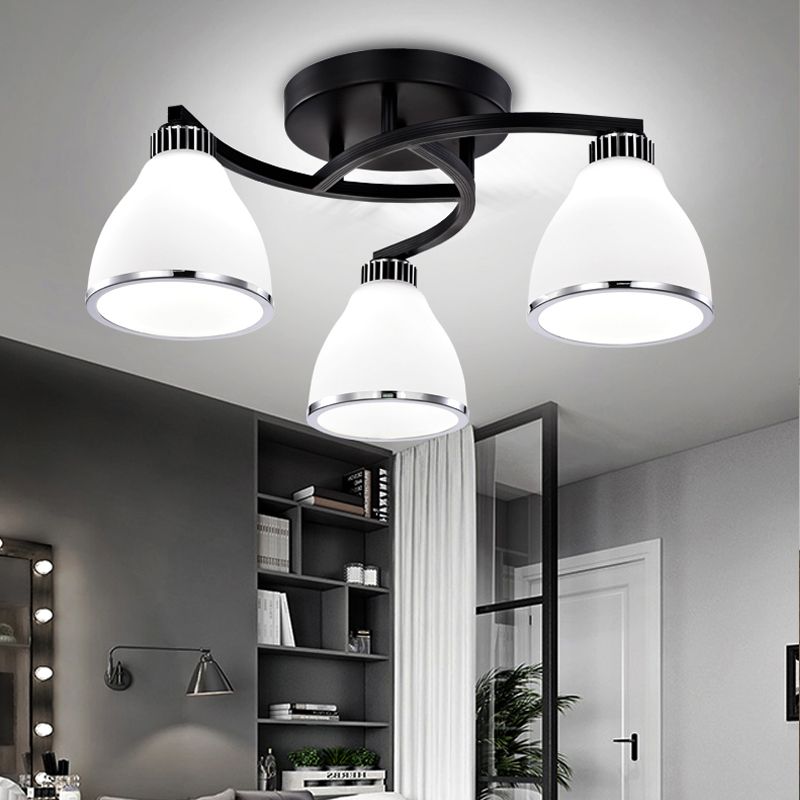 Modern Bell Shaped Flush Lamp White Glass Living Room Semi Flush Ceiling Light in Black