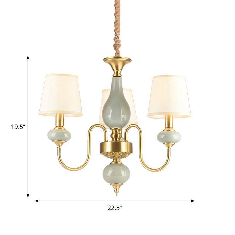 Brass Swooping Arm Chandelier Lighting Fixture Classic Metal 3 Lights Dining Room Hanging Lamp with Cone Fabric Shade