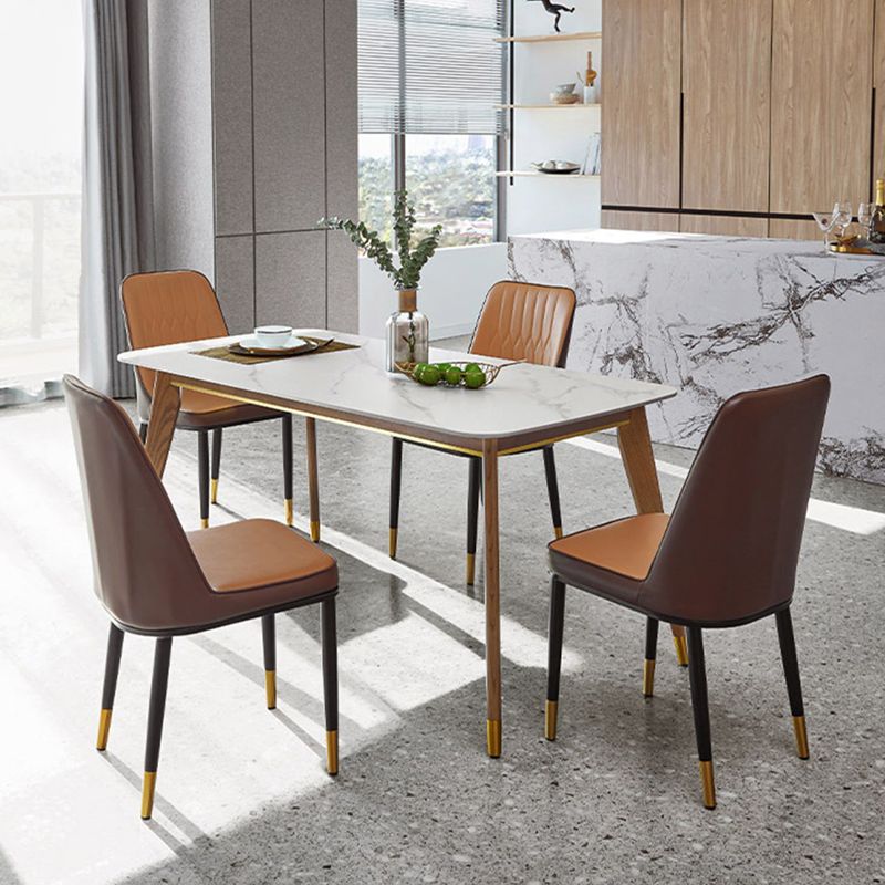 Contemporary Rectangular White Stone Dining Table with 4 Wooden Foot