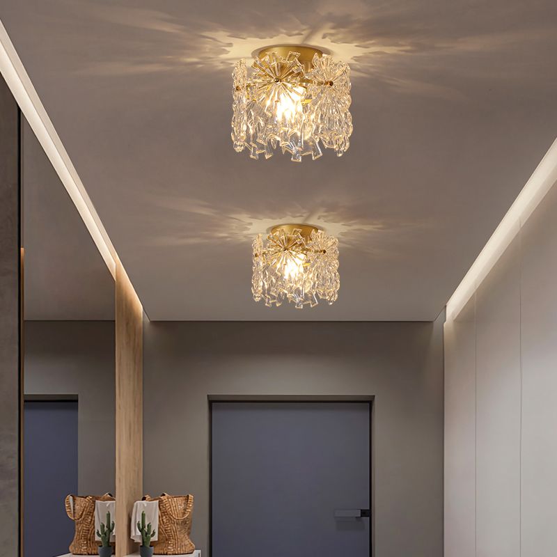 Drum Shape Flush Ceiling Lights Modern Style Glass 1 Light Flush Mount Fixture in Gold
