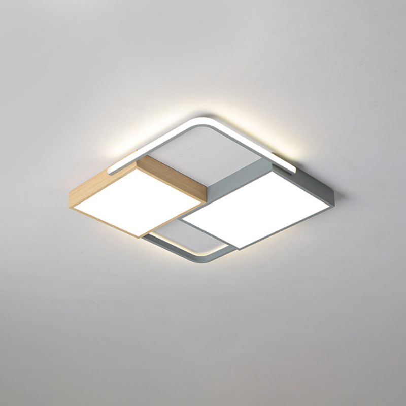 20.5"/34" Brede Nordic LED Plafond Licht Acryl Grijs en Houten Vierkante/Rechthoek Flush Mount met Raster Ontwerp, Warm/Wit Licht