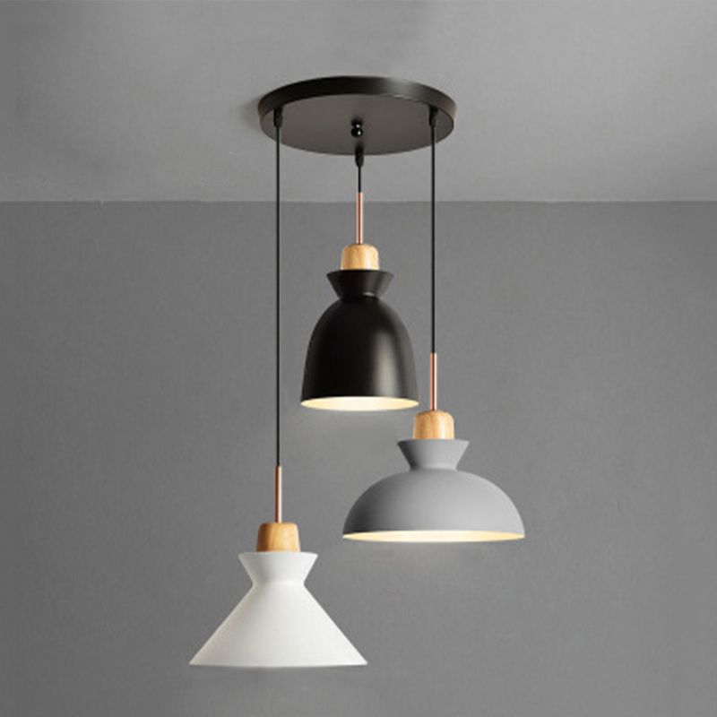 3 Bulbs Pendant Lighting with Shade Metal and Wood Nordic Style Indoor Ceiling Light Fixture in Black