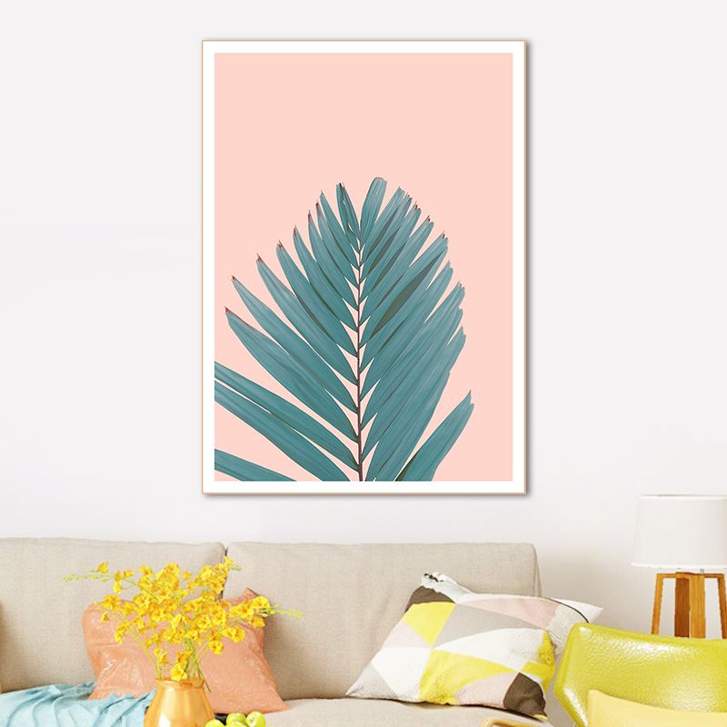 Nordic Fan Leaf Plant Art Print Green and Pink Textured Wall Decor for Living Room