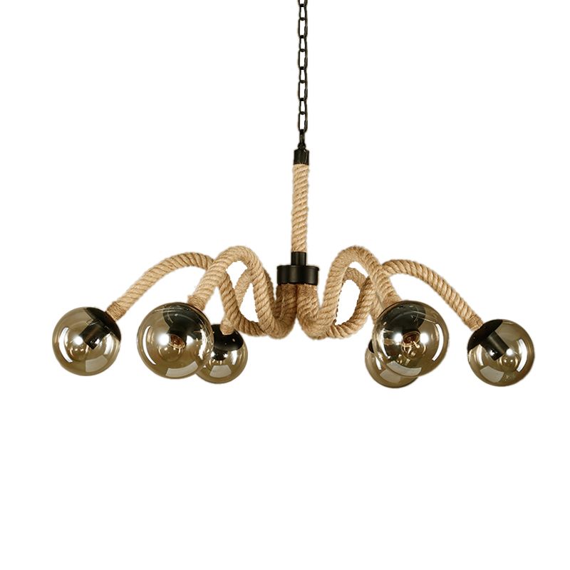 Radial Rope Chandelier Light Traditional 6 Lights Living Room Pendant Lighting with Amber Glass Globe Shade
