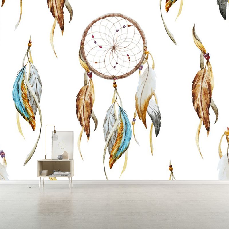 Bohemian Feather Wall Covering Mural Non-Woven Moisture Resistant Brown Wall Art for Bedroom