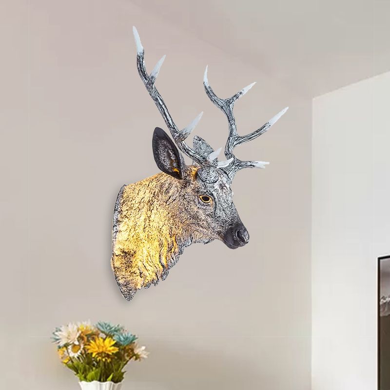 Deer Head Bedroom Wall Light Fixture Traditional Style Resin 1 Light Grey/Silver/Bronze Sconce Lamp