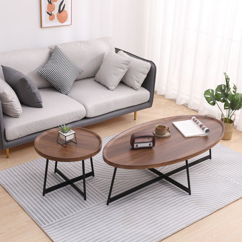 Modern Style Black Metal Base Wood-based/walnut Oval/round Table Top Side Table