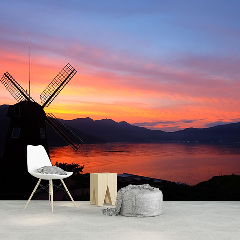 Bedroom Wall Mural Wallpaper Small Town Windmill Mildew Resistant Wall Decor