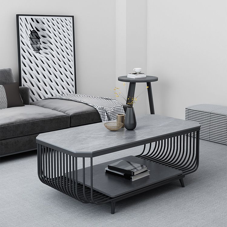 17.7" H Glam Rectangle Slate Coffee Table Iron 4 Legs Cocktail Table with Shelf