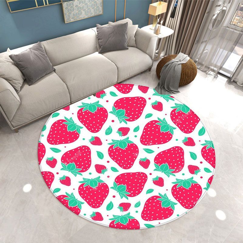 Round Strawberry Print Carpet Polyester Natural Rug Stain Resistant Area Carpet for Home Decoration