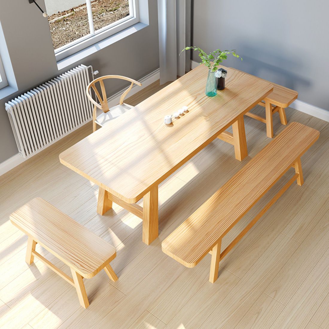 Modern Pine Trestle Dining Table Wood Rectangle Table in Natural