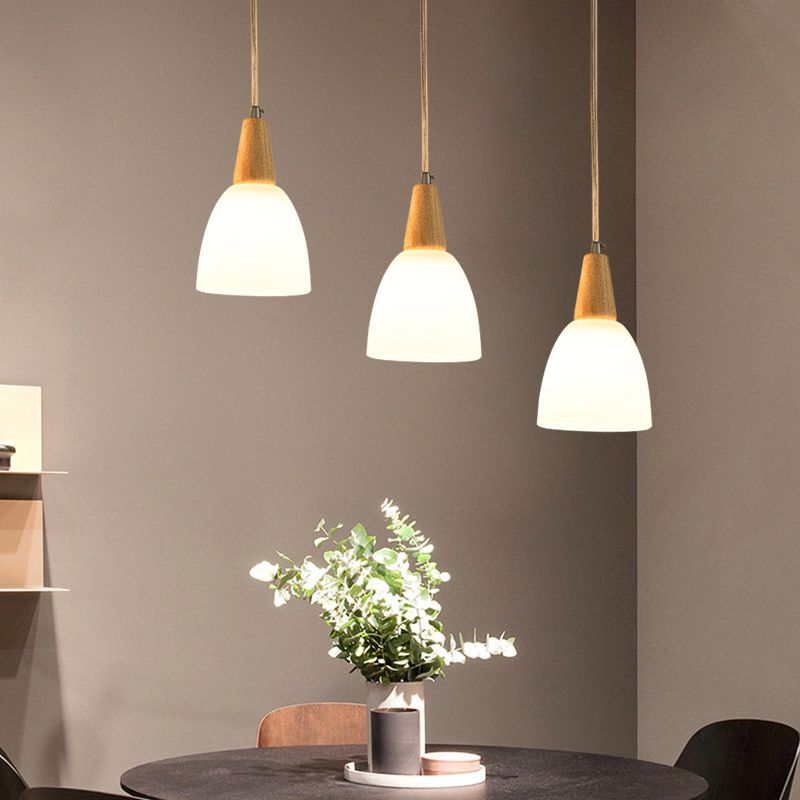 Frosted Glass Dome Suspension hanger hedendaags 3-licht beige hangende lamp armatuur met houten top