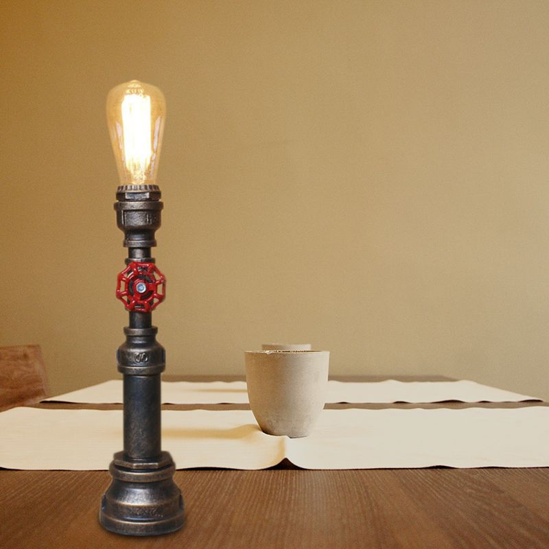 1 Bulb Plumbing Pipe Table Light with Open Bulb and Valve Industrial Bronze Metallic Standing Light