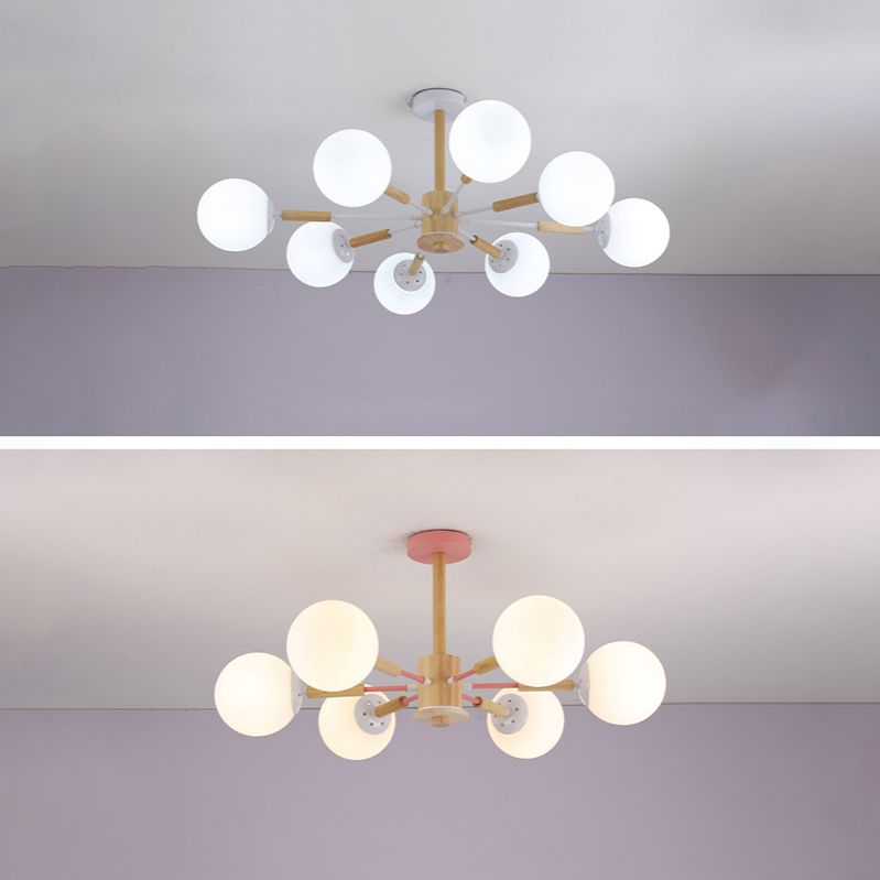 Modern Wood Chandelier Light Fixtures Globe Multi-Head Suspension Lamps for Living Room