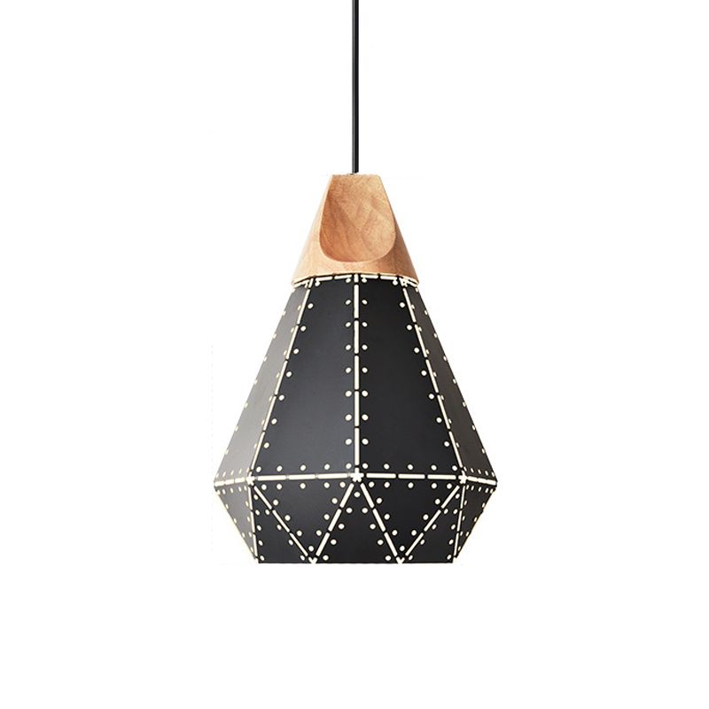 Diamond Iron Hanging Pendant Macaron 1-Light Grey/White/Blue and Wood Suspension Lamp with Laser Cut Design